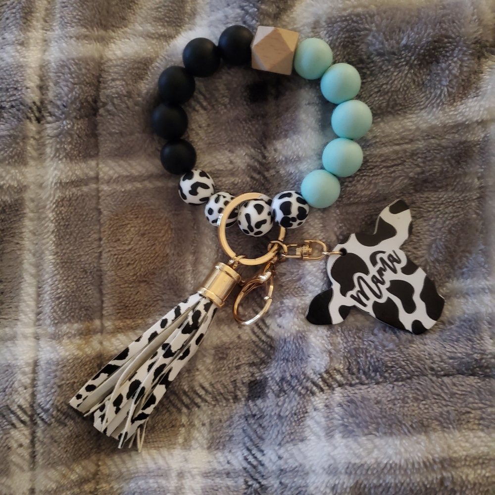 Beaded Wristlet Keychain with Black, Mint & Cow Print Charm